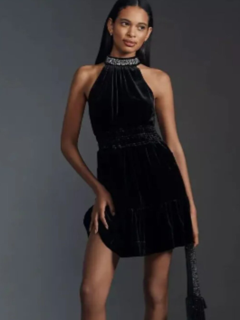 NWOT Anthropologie Black Velvet Jewel Neck Party Dress XXS